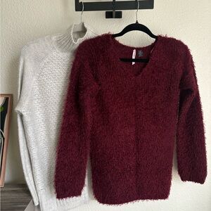 H&M Burgundy Fuzzy V-Neck Sweater